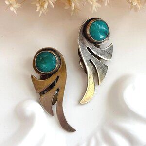 Native American Silver T Pewter Vintage Turquoise Bezel Set Modernist Studs